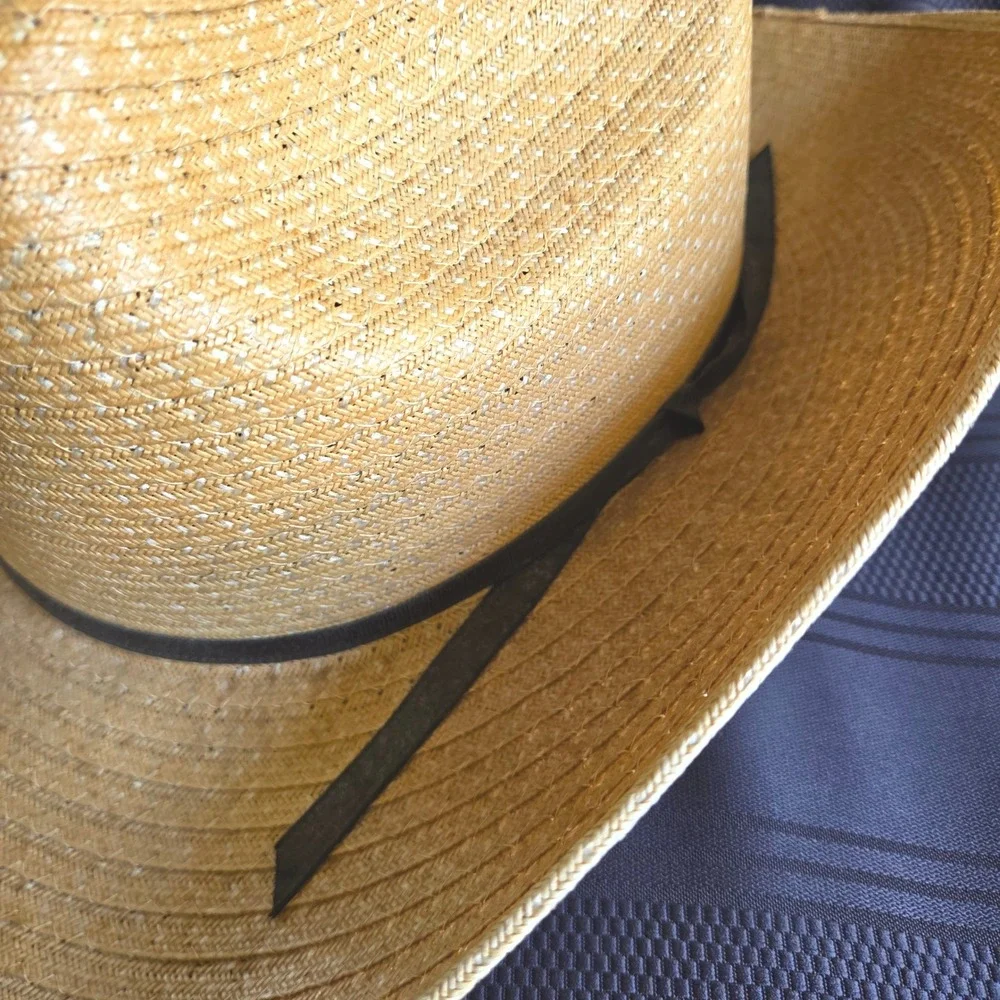 Vintage Straw Cowboy Hat 7 3/8 Natural Tan Woven Western Cattleman Crease